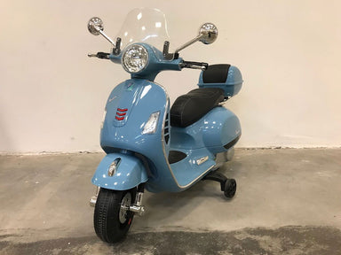 Vespa kinderscooter GTS elektrisch 12 volt koffertje en windscherm blauw - RideCars