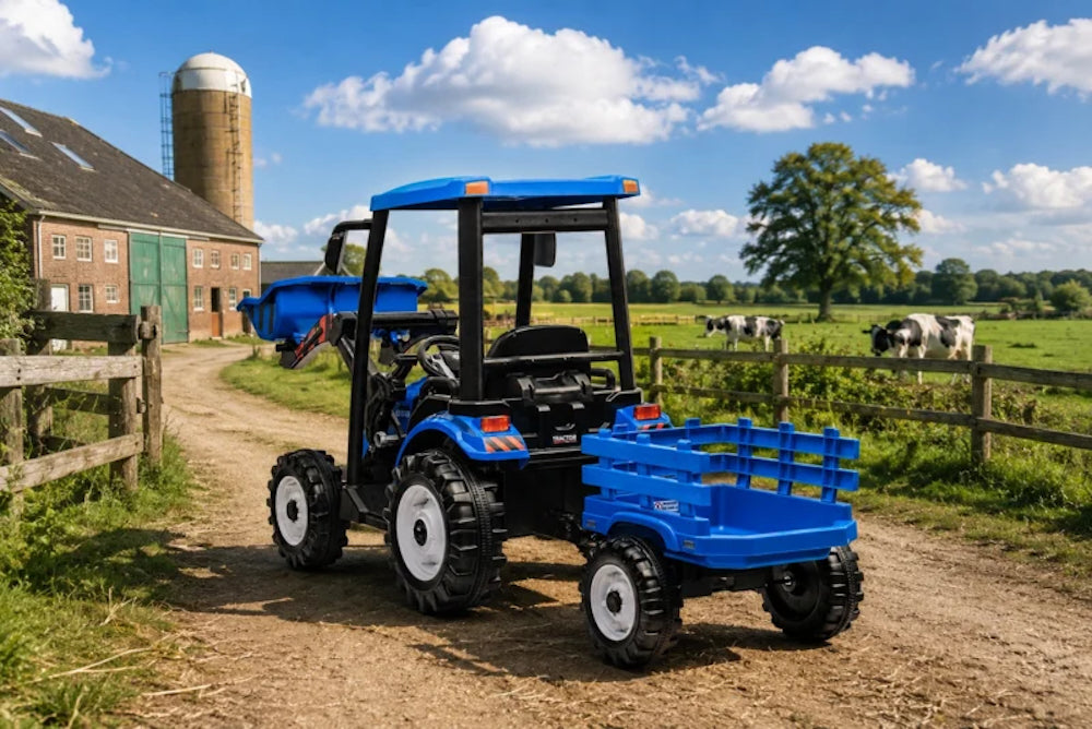 Kinder tractor 24V + frontlader + aanhanger blauw