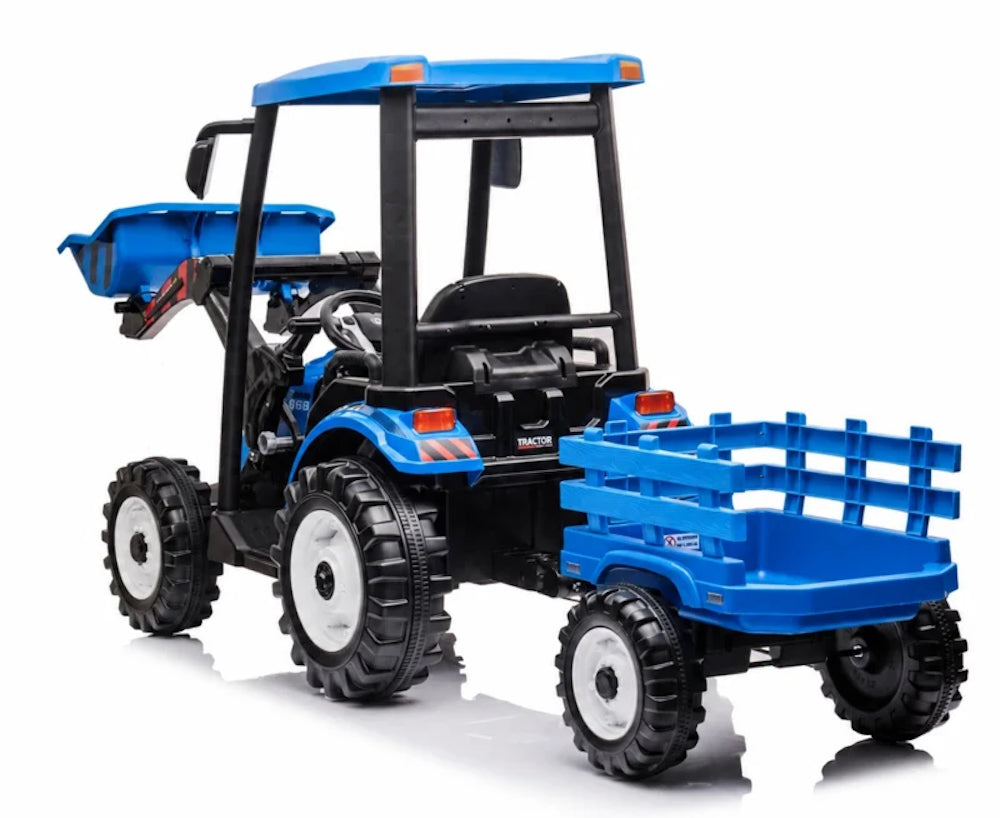 Kinder tractor 24V + frontlader + aanhanger blauw