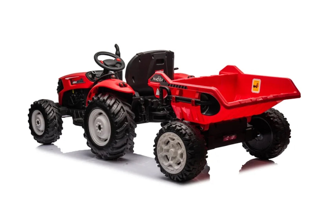 Kindertractor | 24V met elektrische aanhanger/skipper Rood
