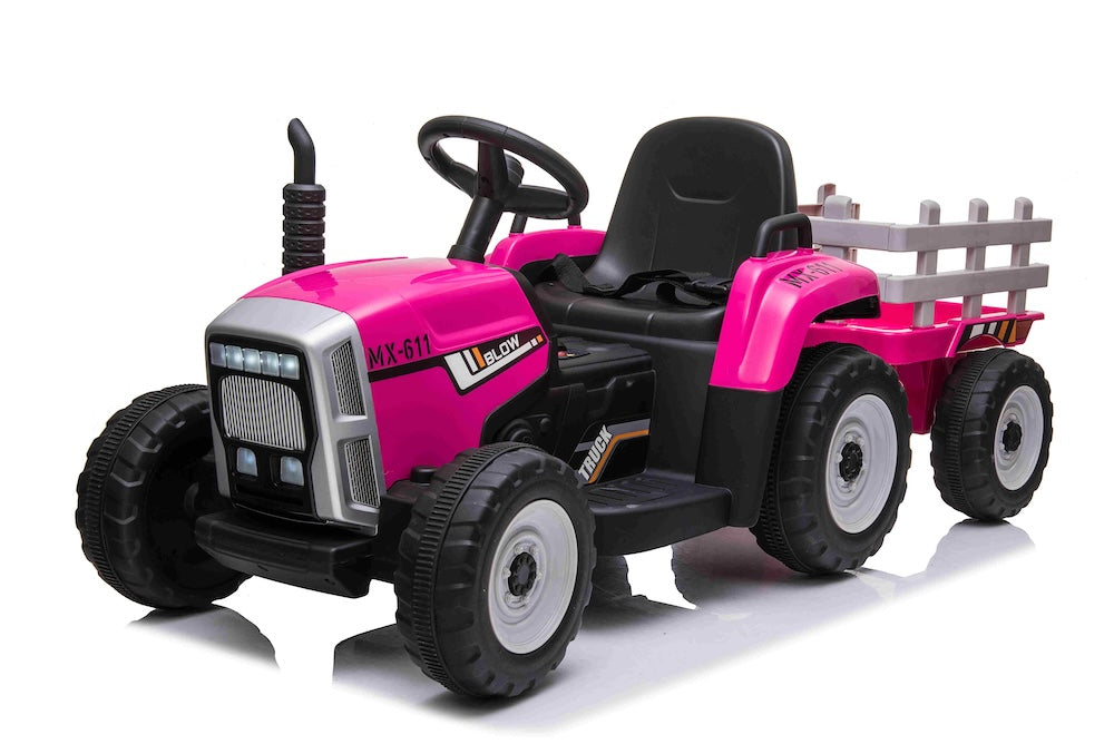 Elektrische kindertractor met aanhanger 12V roze + afstandsbediening