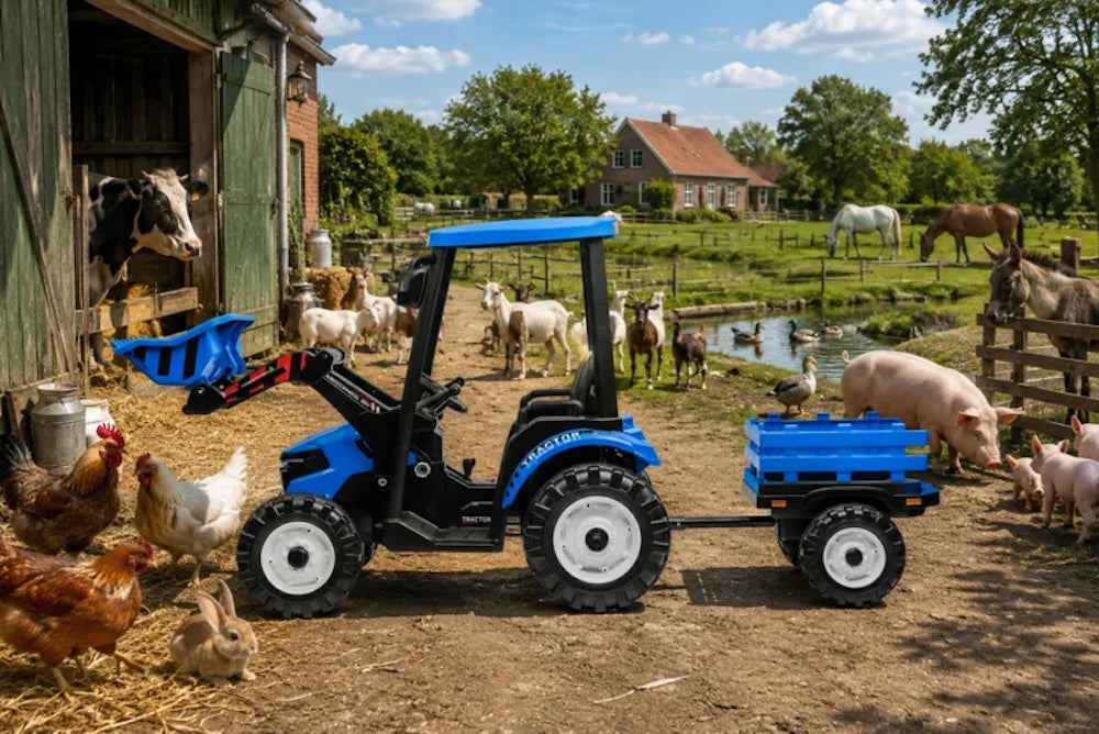 Kinder tractor 24V + frontlader + aanhanger blauw