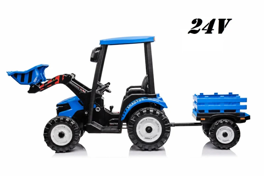 Kinder tractor 24V + frontlader + aanhanger blauw