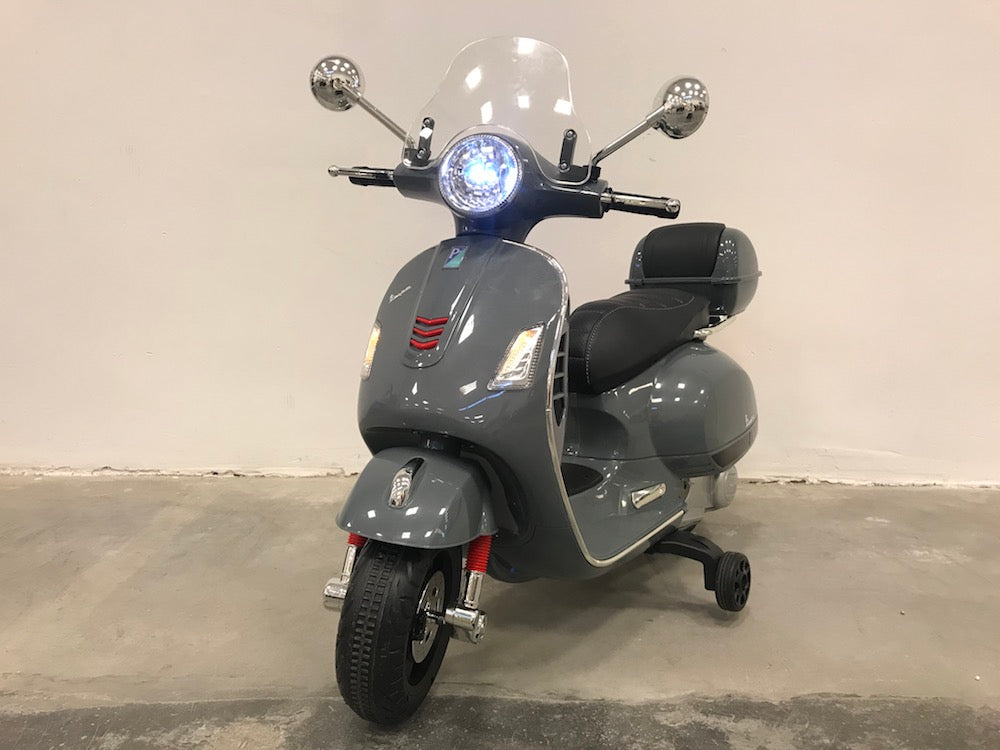 Elektrische kinder scooter Vespa GTS met windscherm en koffer grijs (4555959566471)